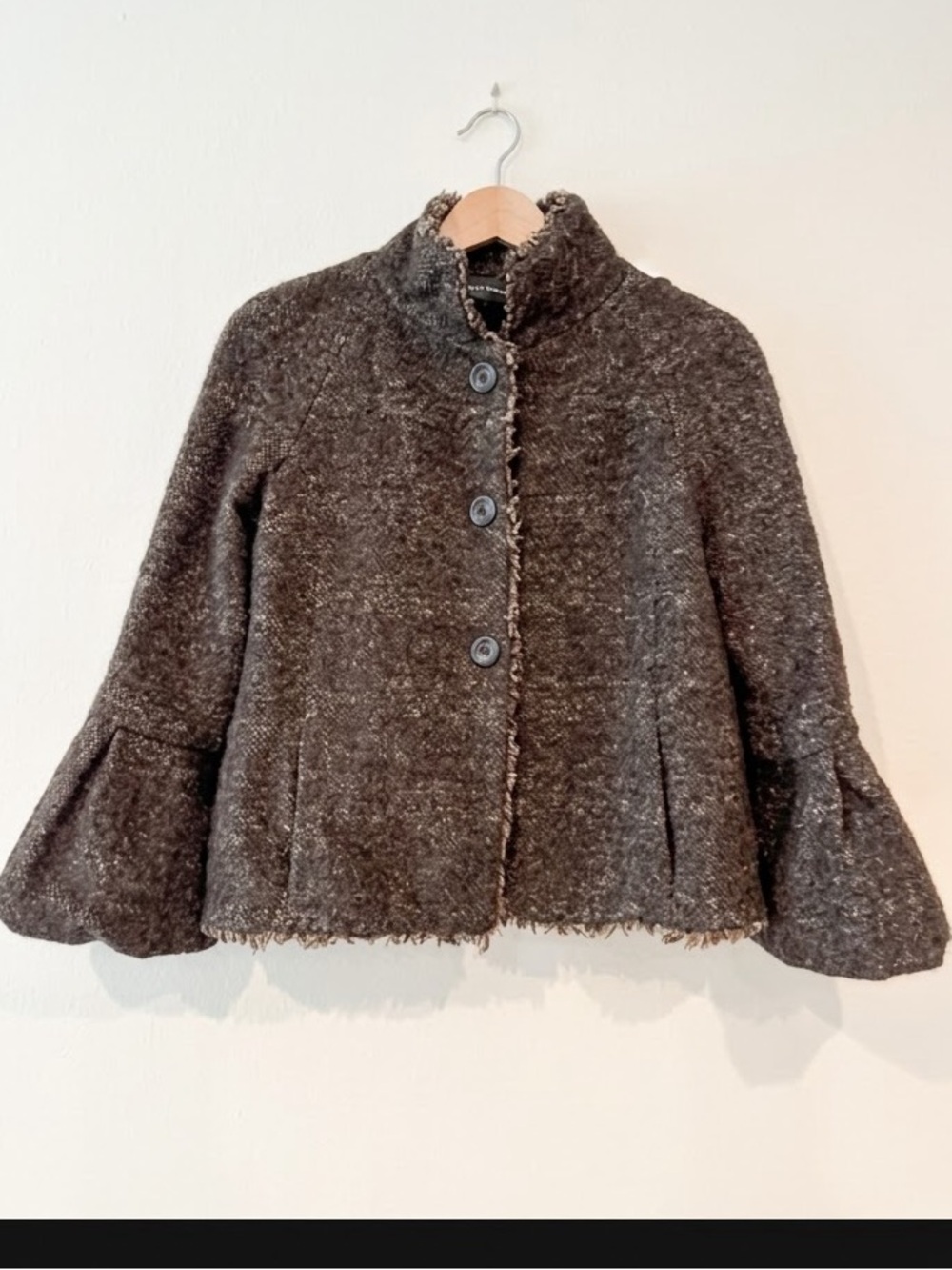 Zara Woman Dark Brown Tweed Bell Sleeve Jacket | Frayed Fringe Stand Collar